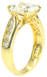 Princess Cut 2.5 Carat Cathedral Solitaire with lab grown diamond alternative cubic zirconia in 14k yellow gold.