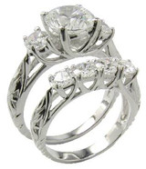 Estate style art deco engraved trellis style 2 carat round laboratory grown diamond look cubic zirconia wedding set in 14k white gold.