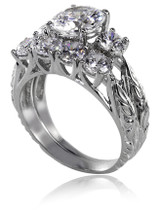Estate style art deco engraved trellis style 2 carat round lab grown diamond simulant cubic zirconia wedding set in 14k white gold.