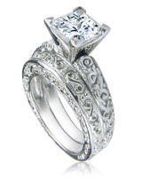 Art Deco Engraved 1.5 Carat Princess Cut Wedding Set with simulated lab grown diamond simulant cubic zirconia in platinum.