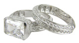 Emerald 4 Carat Radiant Cut Semi Bezel Pave Wedding Set with lab created diamond quality cubic zirconia in 14k white gold.