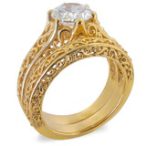 Round 2 Carat Antique Scroll Wedding Set with lab grown diamond look cubic zirconia in 14k yellow gold.