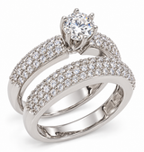 Wide Pave Set 1.5 Carat Round Bridal Set with grown lab grown diamond quality cubic zirconia in 14k white gold.