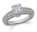Engraved 1 Carat Round Estate Style Wedding Set with lab grown diamond simulant cubic zirconia in platinum.
