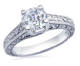 Engraved 1.5 Carat Round Trellis Luccia Solitaire with lab grown diamond look cubic zirconia in platinum.
