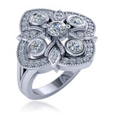 Round .25 carat bezel lab grown diamond alternative cubic zirconia pave milgrain antique designer ring in 14k white gold.