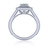 Romani 1 carat cushion cut milgrain laboratory grown diamond look cubic zirconia halo engraved cathedral engagement ring in platinum.