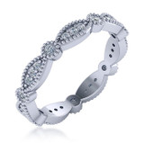 Alternating marquise shaped and round beaded milgrain bezel lab grown diamond look cubic zirconia eternity band in 18k white gold.