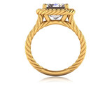 Captina 5.5 carat emerald cut laboratory grown diamond simulant cubic zirconia in a twisted rope halo engagement ring in 14k yellow gold.