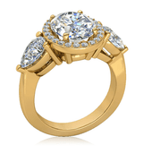 Oval 2.5 carat laboratory grown diamond look cubic zirconia pave halo and pear sides engagement ring in 18k yellow gold.