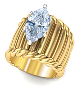 Marquise 3 carat lab grown cubic zirconia fluted twisted rope style cigar band solitaire ring in 14k gold.