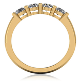 Four stone 4mm round laboratory grown diamond look cubic zirconia shared prong anniversary band in 18k yellow gold.