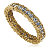 Beaded micro pave lab grown diamond alternative cubic zirconia stackable eternity wedding band in 14k yellow gold.