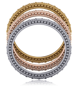 Beaded micro pave lab grown diamond look cubic zirconia stackable eternity wedding band in 14k gold, 18k gold and platinum.