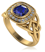 Celtic love knot 1 carat cushion cut square lab grown diamond alternative cubic zirconia engagement ring in 14k yellow gold.
