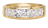 Channel set princess cut square lab grown diamond simulant cubic zirconia anniversary band in 14k yellow gold.