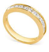 Kiran princess cut channel set laboratory created diamond quality cubic zirconia anniversary band in 14k yellow gold.