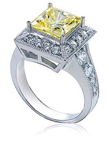 Cassini 2.5 carat princess cut canary lab created cubic zirconia halo solitaire engagement ring in 14k white gold.