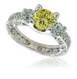 Korra 1 carat three stone round lab grown diamond quality cubic zirconia vintage engraved pave engagement ring in 14k white gold.