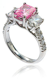 Euphoria three stone 1.5 carat emerald cut lab grown diamond quality cubic zirconia engagement ring in 14k white gold.
