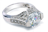 Asscher Cut 5.5 Carat Pave Solitaire with lab grown diamond look cubic zirconia in platinum.