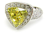 Trillium 3.5 carat trillion pave lab grown diamond quality cubic zirconia canary solitaire engagement ring in 14k gold.