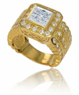 Bezel set 1.5 carat princess cut lab created cubic zirconia pave solitaire engagement ring in 14k yellow gold.