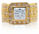 Bezel set 1.5 carat princess cut lab grown diamond alternative cubic zirconia pave solitaire engagement ring in 14k yellow gold.
