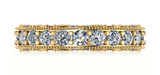 Estate style round lab grown diamond look cubic zirconia eternity wedding band with scroll work and milgrain detailing in 18k yellow gold.
