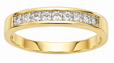 Channel set 1 carat princess cut lab created diamond look quality cubic zirconia anniversary wedding band in 14k yellow gold.