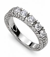 Antique engraved prong set round lab grown diamond look cubic zirconia anniversary band in 14k white gold or platinum.