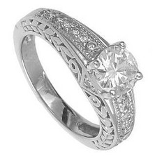 Fionna 1 carat round lab created cubic zirconia engraved estate style milgrain solitaire in 14k white gold.