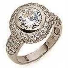 Metcalf 3.5 carat round lab grown diamond alternative cubic zirconia bezel set halo pave encrusted ring in 14k white gold.
