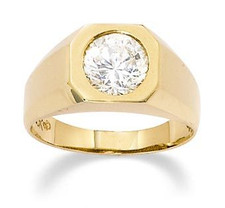 Simply Bezel Set 1.5 Carat Round Mens Solitaire Ring with simulated lab created diamond quality cubic zirconia in 14k yellow gold.