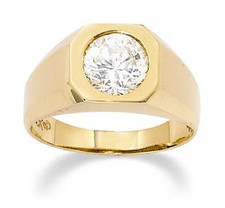 Simply Bezel Set 1.5 Carat Round Mens Solitaire Ring with lab grown diamond quality cubic zirconia in 14k yellow gold.