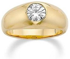 Gypsy Dome 1 Carat Bezel Set Round Mens Ring with lab grown diamond simulant cubic zirconia in 14k yellow gold. Gypsy Dome 1 Carat Bezel Set Round Mens Ring with lab grown diamond simulant cubic zirconia in 14k yellow gold.