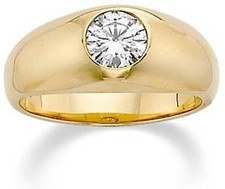 Gypsy Dome 1 Carat  Bezel Set Round Mens Ring with lab grown diamond simulant cubic zirconia in 14k yellow gold.