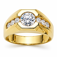 Armstrong round bezel set channel set mens ring with lab grown diamond look cubic zirconia in 14k yellow gold.