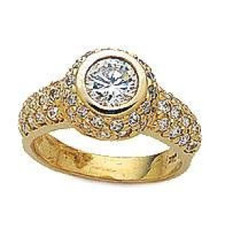 Rimona 1 carat bezel set round lab grown diamond alternative cubic zirconia pave antique estate solitaire in 14k yellow gold.