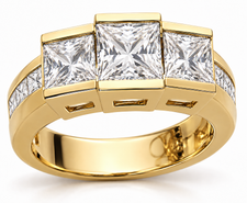 Squares 1 carat lab grown diamond quality cubic zirconia princess cut center three stone engagement ring in 14k yellow or 14k white gold.