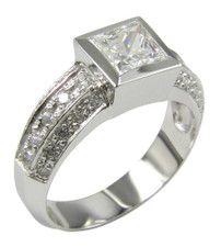 Bezelli 1 carat princess cut bezel set lab grown diamond simulant cubic zirconia pave solitaire engagement ring in 14k white gold.