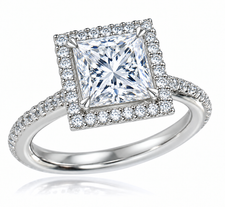 Hamilton 2.5 Carat Princess Cut Lab Grown Diamond look Alternative Cubic Zirconia Micro Pave Set Halo Eternity Engagement Ring in 14k or 18k white gold.