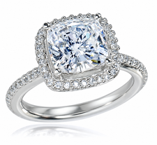 Hamilton 4 Carat Cushion Cut Square Laboratory Grown Diamond Look alternative Cubic Zirconia Micro Pave Set Round Halo in 14k white gold.
