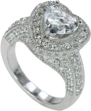 Heart 2 Carat Pave Encrusted Halo Solitaire with lab grown diamond alternative cubic zirconia in 14k white gold.