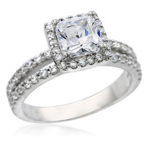 Gisella 1 carat cushion cut laboratory grown diamond look cubic zirconia halo pave split shank solitaire engagement ring in 14k white gold. Gisella 1 carat cushion cut laboratory grown diamond look cubic zirconia halo pave split shank solitaire engagement ring in 14k white gold.