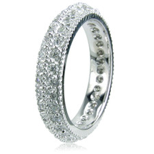 Double row pave knife edge lab grown diamond alternative cubic zirconia milgrain eternity band in 14k white gold.