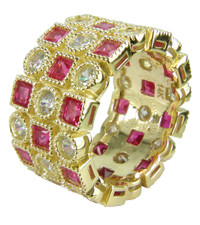 Asante princess cut man made ruby and lab created cubic zirconia round bezel set eternity band in 14k yellow gold.