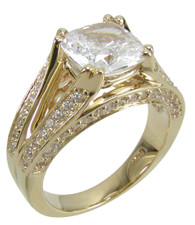 Cushion Cut 2.5 Carat Cathedral Engagement Ring with lab grown diamond simulant cubic zirconia in 14k yellow gold.