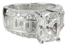 Elongated cushion cut 4 carat laboratory grown diamond simulant cubic zirconia pave and baguette ring in 14k gold.