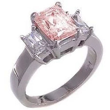 The Jen Ring Inspiration 4 Carat Pink Emerald Step Cut Laboratory Grown Diamond Alternative Cubic Zirconia Three Stone Solitaire Engagement Ring